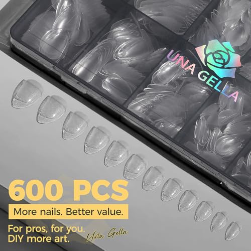 Image of UNA GELLA 600Pcs Short Oval Almond Gel Nail Tips, Round Almond Press on Nails Pre-shaped Soft Gel Clear Fake Nails Tips Full Cover for Nail Extension Home DIY Salon 12 Sizes