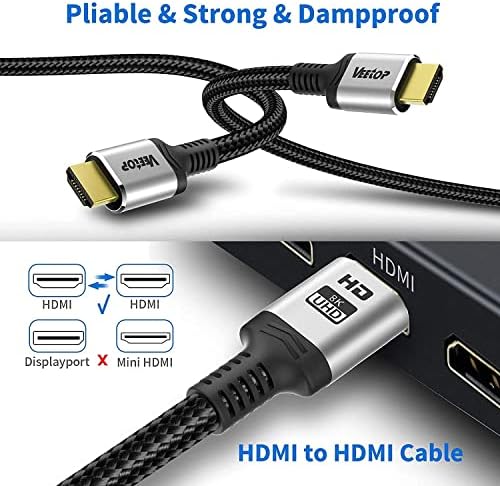 Veetop 8K HDMI Cable 2m Ultra High Speed HDMI 2.1 Cable 48Gbps 8K 60Hz Support Dynamic HDR, 3D, eARC, HDCP 2.2, Cotton Braided HDMI Cord for PS5/PS4/Xbox/Apple TV/Projector