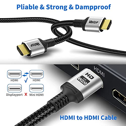 Veetop 8K Hdmi Cable 6.6Ft/2M Ultra High Speed Hdmi 2.1 Cable 48Gbps 8K@60Hz Support Dynamic Hdr, 3D, Earc, Hdcp 2.2, Cotton Braided Hdmi Cord For Ps5/Ps4/Xbox/Apple Tv/Projector #TOP4