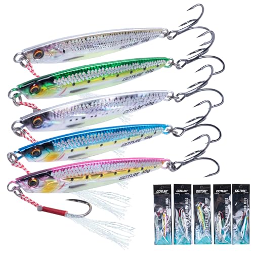 Goture Fishing Jigs 40g 60g 80g Vertical Jig Saltwater Freshwater Jig Fishing Lures with Assist Hook and Treble Hook 5PCS Jigging Spoon Lures Speed Fast Fall Jigs for Tuna Salmon Bass