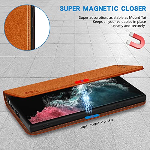 Image of ZZXX for Samsung Galaxy S22 Ultra Wallet Case with [RFID Blocking] Card Slot Stand Strong Magnetic Leather Flip Fold Protective Phone Case for Samsung Galaxy S22 Ultra Case Wallet(Brown-6.8 inch)