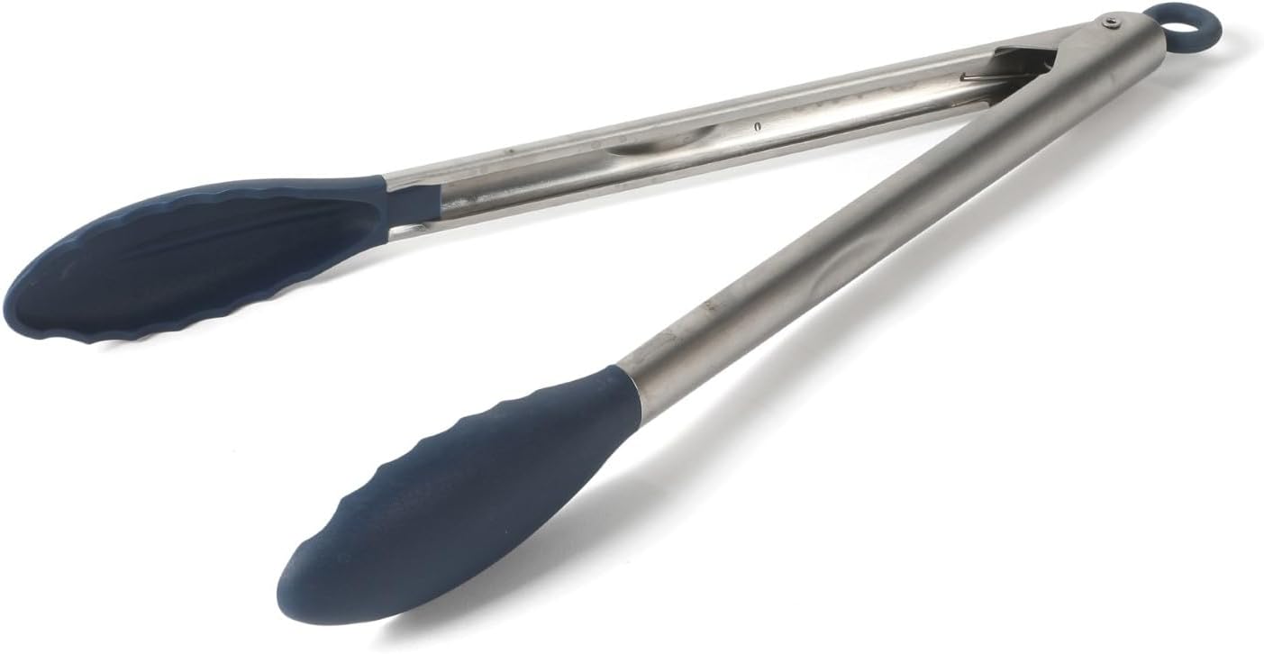 Calphalon Edge Kitchen Tongs, Stainless Steel Locking Tongs with Heat-Resistant Silicone Heads, Nonstick-Safe Cooking Tongs for Grilling, Serving & Food Prep, Navy Blue