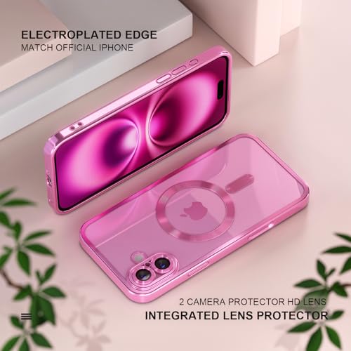 Image of Misea Magnetic for iPhone 16 Plus Case Compatible with MagSafe Hot Pink | [Never Yellowing] [Military Drop Protection] Full Camera Lens Protector Plating Soft Clear Phone Case for Women, Hot Pink