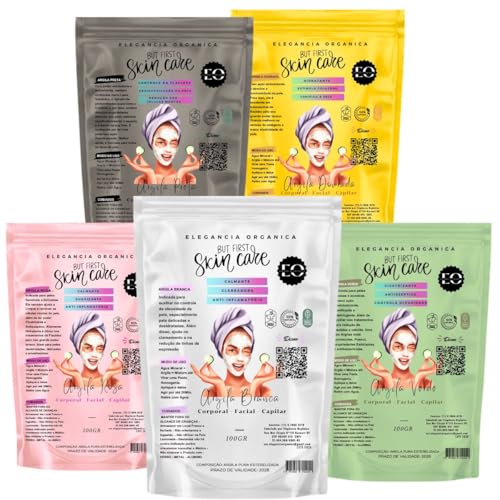 Skin Care 500GR Argila 5 Cores - VERDE - ROSA - PRETA - BRANCA - DOURADA 100% Natural (100gr Cada) Skincare