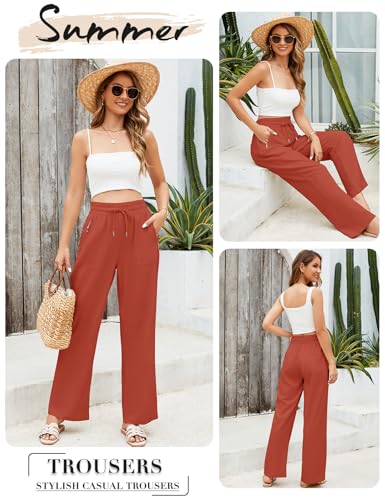 UMIPUBO Linen Trousers Women Wide Leg with Pockets, Brick Red, M - Image 3