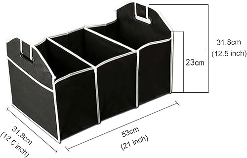 Miniatura 2 de Organizador de maletero de automóvil, negro, 3 secciones grandes de almacenamiento, almacena tus suministros de limpieza, equipo de emergencia,