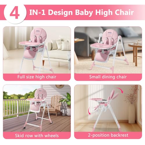 SEJOY High Chair, 3-in-1 High Chairs for Babies and Toddlers, Five Point Seat Belt, with Detachable Wheels & Tray, Adjustable Height & Recline& Footrest Multifunctional Infant Highchair (Pink) - Thumbnail 6