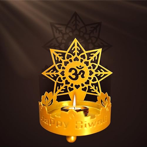 Hying Diwali - Estatua de sombra de vela Diwali OM Lotus Shadow Lamps Deepawali Soporte tradicional para velas de té Festival de luces Shadow Diya