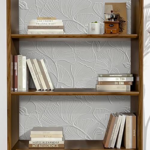 KDGHORMY 2D Grey Wallpaper Peel and Stick Graceful Minimalism White Luxurious Ginkgo Leaf Self Adhesive Removable Waterproof Wallpaper Contact Paper for Bedroom Renter Friendly 17.71"x118.1" — view 3