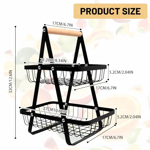 FORYNXHWIN 2-Tier Fruit Basket with Wooden Handle, Detachable Metal Fruit Bowl Holder Vegetable Storage Rack, Countertop Holder for Kitchen, Home, Office - Organize Fruits, Veggies, Snacks, Bread