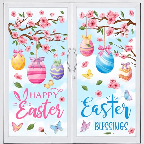 Waline 6 Sheets Easter Eggs Watercolor Egg Flower Butterfly Window Decal Double-Sided Spring Tree Decor for Shop Glass Display Home Office School Supplies