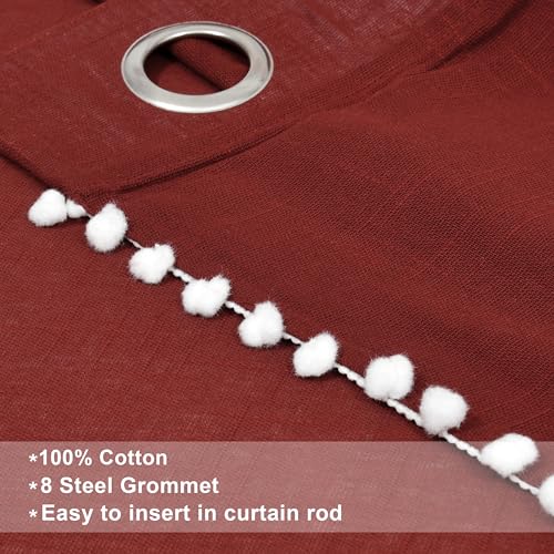 Image of THE LINEN COMPANY Cotton Sheer Grommet Curtains with Side Border Pompom Sheer Curtain for Window Linen Textured, Light Filtering, Pack of 2 (Maroon, 6 Feet)