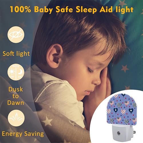 Image of USA Flag Balloons and Stars Night Light Plug into Wall, American Patriotic Flag Dusk to Dawn Night Light Plug in,0.5w Energy Saving Sleep Friendly NightLight for Kids Boys Girls Home Decor
