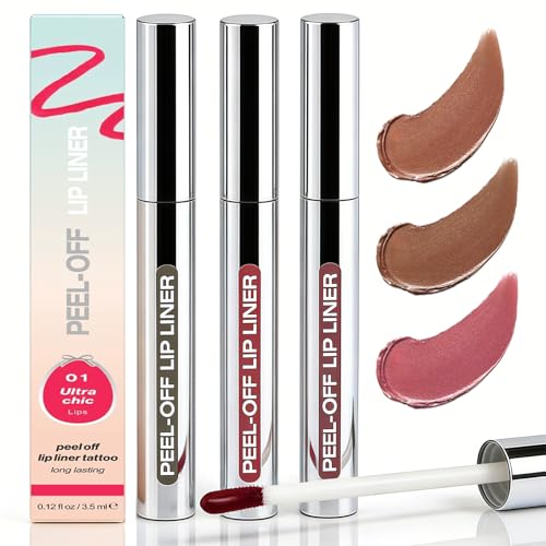 Crayon à Lèvres Peel Off, Set de 3 Couleurs Longue Tenue et Imperméable, Encre à Lèvres Effet Tatouage pour Contour des Lèvres Précis et Hydratant, Kit Lip Stain (Marron, Marron Foncé, Bordeaux)