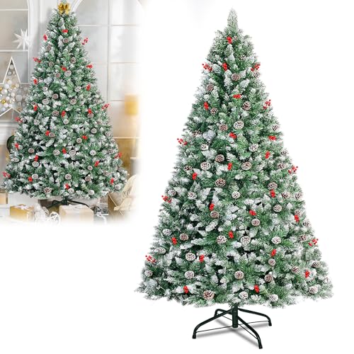 CEEDIR Albero di Natale artificiale, 210 cm, colore bianco, con neve, pigne e bacche rosse, montaggio rapido, difficile, infiammabile, con supporto per albero di Natale