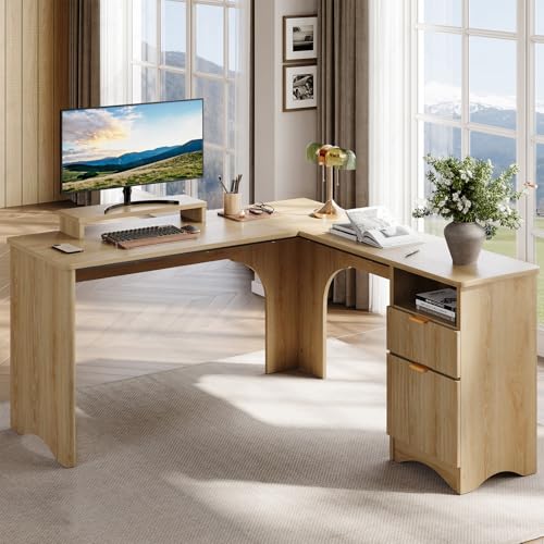 Bestier L Shaped Desk with File Drawer, 55.7