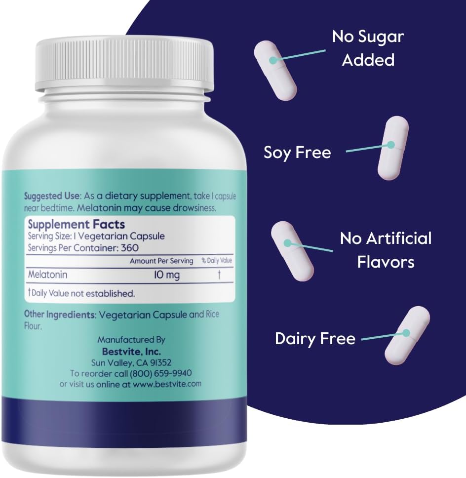 BESTVITE Melatonin 10 mg - 360 Veg Caps - No Stearates - No Sucralose, No Dextrose, No Silicon Dioxide, No Mannitol - Vegan - Non-GMO - Gluten-Free - Sleep Aid to Support Rest & Wake Cycles