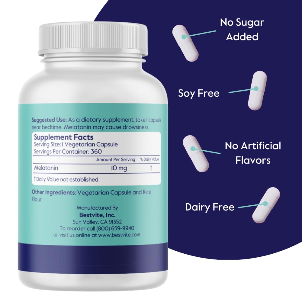BESTVITE Melatonin 10 mg (360 Veg Caps) - No Stearates - Vegan — Amazon image 3