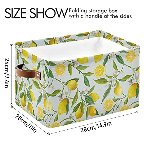 Mnsruu Storage Basket Lemon Floral Collapsible Organizer Basket With Pu Handles, Waterproof Nursery Laundry Basket Kids' Toy Storage Basket,1 Pack #TOP3