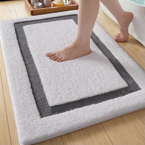 Color&Geometry Bathroom Mat 36x24, Soft Absorbent Microfiber Bath Rugs, Non-Slip Bath Rug, Washable Plush Carpet Bathmat for Shower Floor, Tub, Sink, Washroom, White and Gray by Color&Geometry - Used condition - CA$33.24