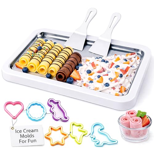 Rolled Ice Cream Maker Kit 2026 Upgraded – Instant DIY Ice Cream Roll Maker with 2 Spatulas & Shape Molds, 304 Food-Grade Stainless Steel Cold Plate for Frozen Yogurt, Sorbet & Desserts (Family Fun)
