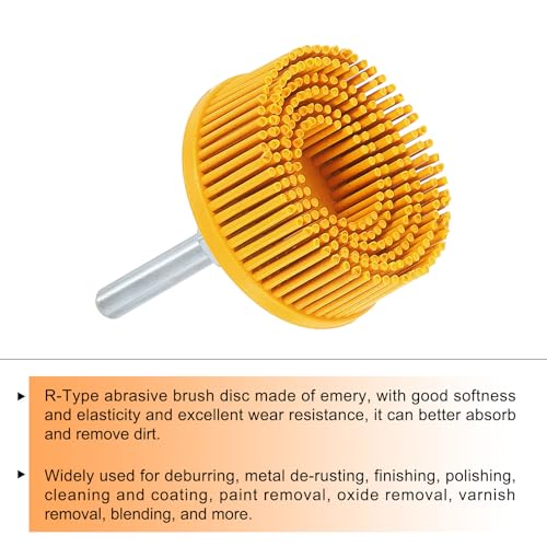 Image of HARFINGTON Bristle Disc 2 inch 80 Grit R-Type Abrasive Brush Coarse Bristle Disc Deburring Electric Disc Brush Attachment with 1 /4 inch Round Shank Abrasive Coating Removal Disc for Metal, Yellow