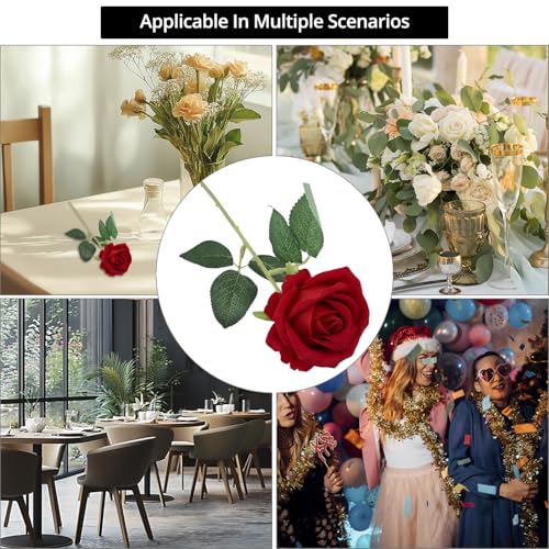 QWORK® 12 pièces Roses artificielles, Roses Rouges, Fleurs artificielles avec Longues tiges en Plastique pour Mariage, décoration d'intérieur – vue 2