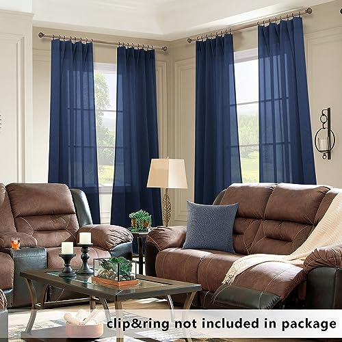 Semi Sheer Navy Blue Curtains 84 Inch Length For Living Room Set 2 Panels Rod Pocket Window Coverings Faux Linen Nautical Masculine Drapes Indigo Blue Sheer Curtains For Boys Bedroom Decor 52X84 Long #TOP1