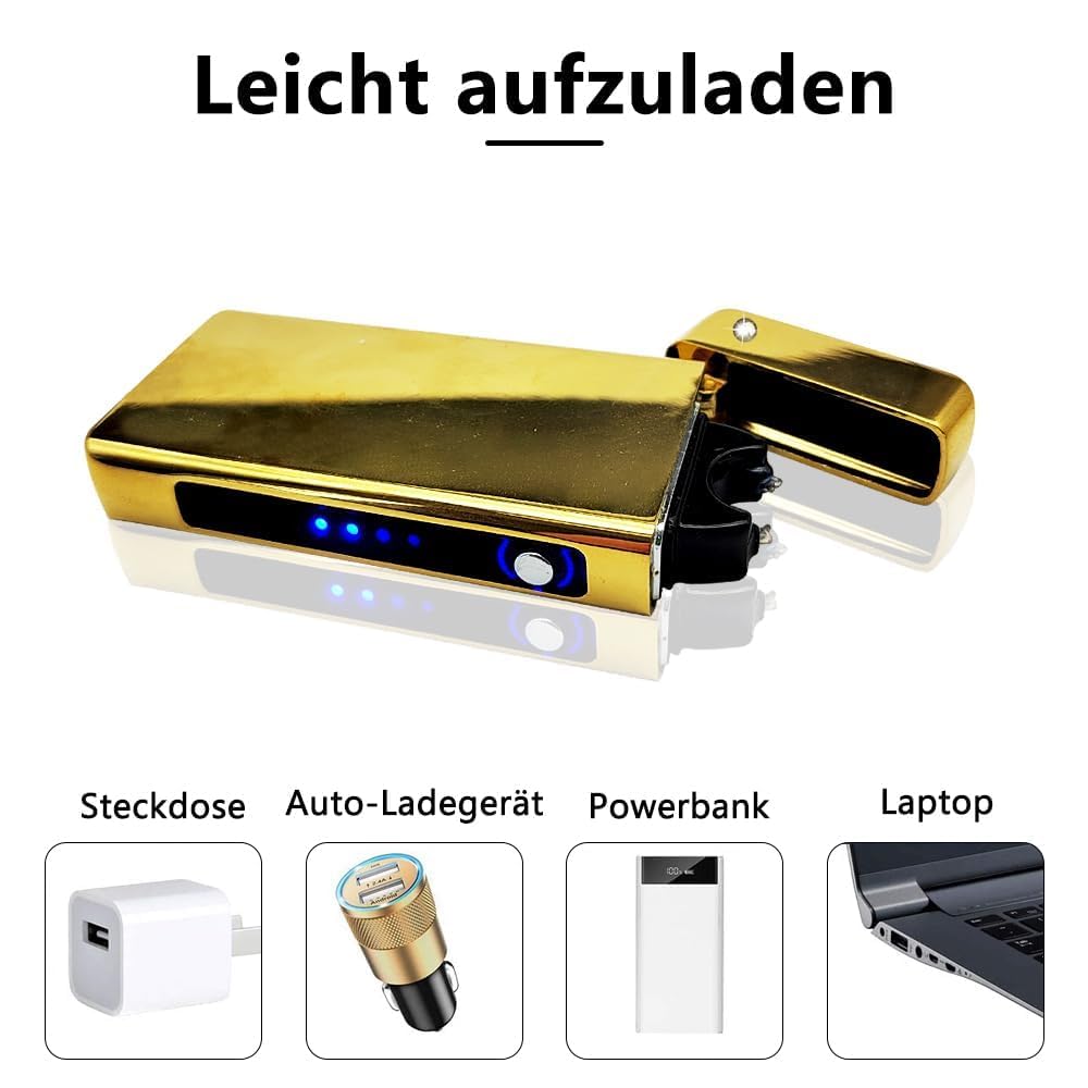 GADATOP Elektrisches Plasma-Feuerzeug Mit LED-Batterieanzeige - Wiederaufladbar, Flammenlos, Sturmfest für Kerzen, Grill und Camping (Gold)