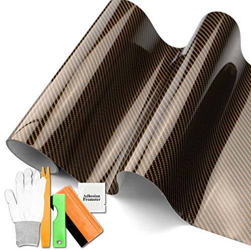 EZAUTOWRAP 2D Gold High Gloss Carbon Fiber Car Vinyl Wrap Sticker Decal Film Sheet - 4