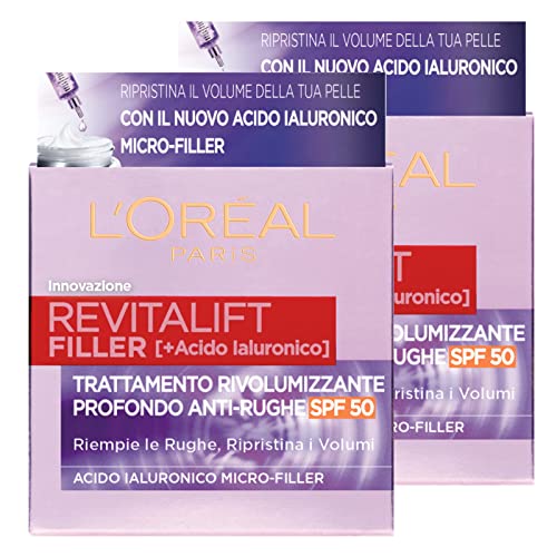 L'Oréal Paris Revitalift Filler Crema de Día Tratamiento Antiarrugas Revolucionario Profundo Protección SPF 50 con Microrelleno de Ácido Hialurónico - 2 Frascos de 50ml