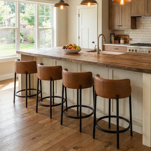 Image of CIMOTA Bar Stools Set of 4, PU Leather Counter Height Barstools with Low Back and Black Thickened Metal Legs, 26 Inch Modern Island Chairs for Kitchen Island, Bar(Brown, 4Pcs 26 inch Counter Stools)