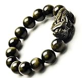 Feng Shui Pixiu Bracelet, Good Luck Dragon Bracelet, Gold Obsidian Natural Energy Stone Charm, bead