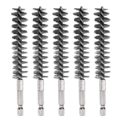 HARFINGTON 5Pcs Bore Brush Stainless Steel 17mm Dia Cleaning Twisted Wire Brush Tube Pipe Cleaner with Handle 1/4 Inch Hex Shank for Tubes, Ports, Bearings