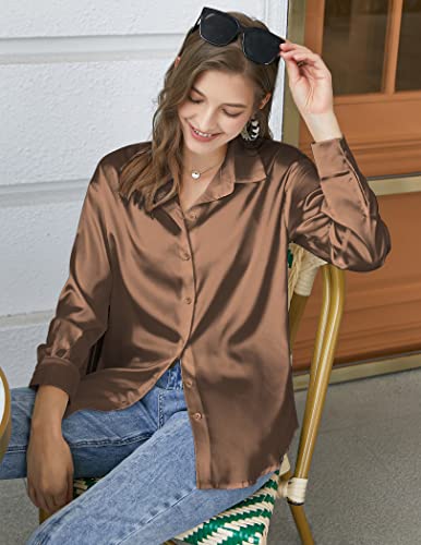 Chigant Women's Button Down Shirts Satin Silk Long Sleeve Business Office Blouses Tops (Light Coffee,X-Large) #TOP1