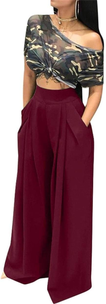 LROSEYWomen Casual Stretchy Wide Leg Palazzo Pants with Pockets Flowy Dress Pants High Waisted Trousers