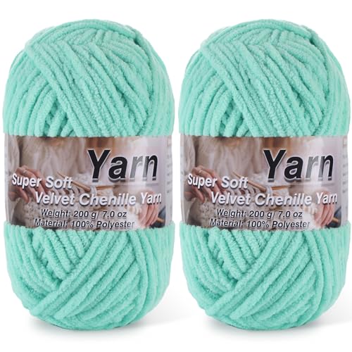 Image of 2 * 200g /7oz Chunky Chenille Yarn for Baby Blanket Yarn for Crocheting - Super Soft Chenille Plush Yarn - Bulk Thick Yarns Used for Making Scarves, Blankets, DIY Craft (Cyan Green)
