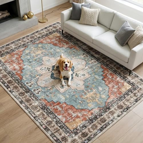 8x10 Area Rugs for Living Room, Floral Washable Rugs 8x10 Non Slip Large Area Rugs Soft Vintage Print Carpets Indoor Boho Rug for Living Room Bedroom Dining Room Office Home Decor