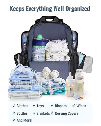 Mancro Diaper Bag Backpack, Multifunctional Dad Diaper Bag with 2 Side Insulated Pockets, Travel Water Resistant Baby Diaper Backpack for Men Women with Stroller Straps, Black - Thumbnail 2