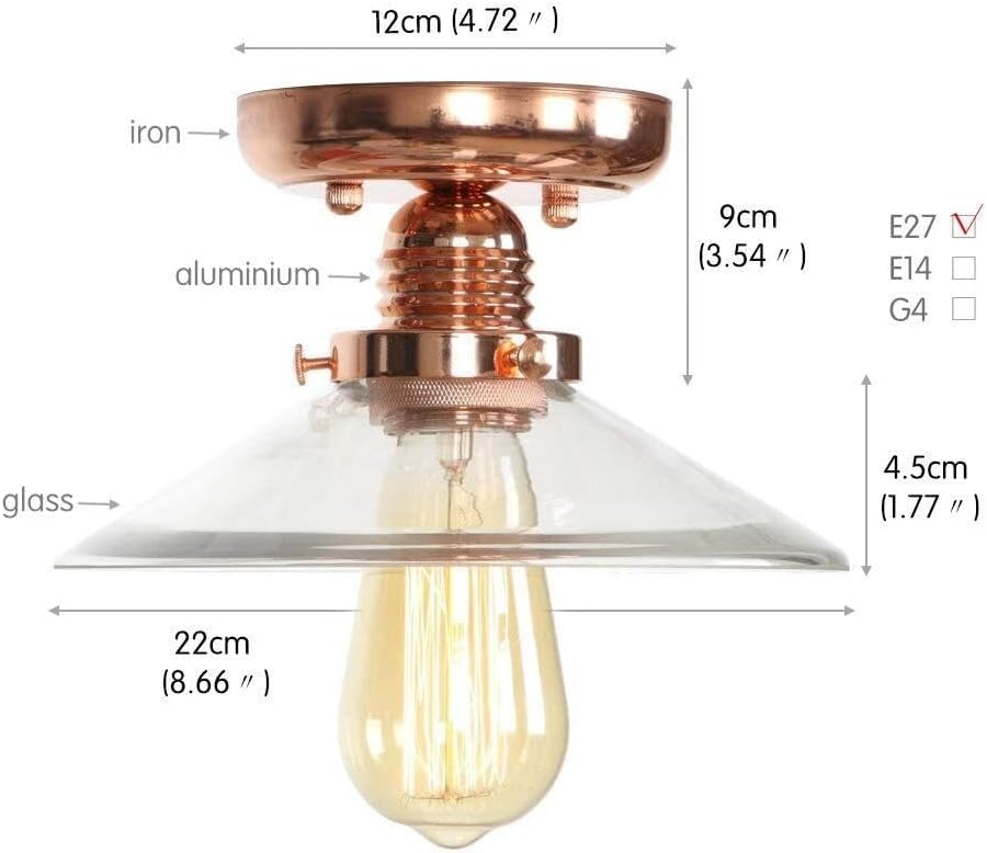 Rose Gold Metal Iron Transparent Glass Vintage Ceiling Light Fixtures Loft E27 Edison Industrial Single Head Ceiling Lamp Hallway Antique Lamps Home Lighting