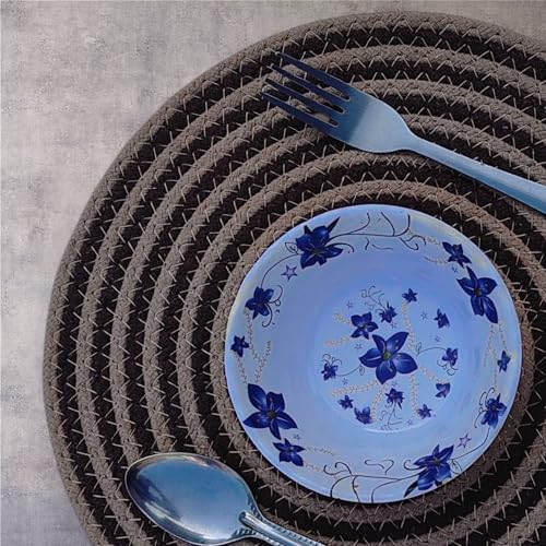 Image of Cotton Rope Placemats, Round Red with White Border, Set of 4, Heat Resistant Table Mats (Coffee Beige)