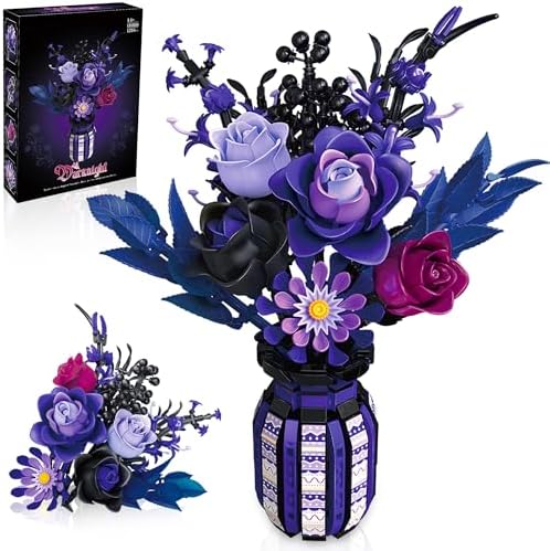 Flowers Building Set with Vase for Adults, Purple Roses Compatible with Lego Flowers Botanical Collection, 14+