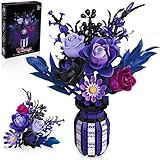 Purple Flowers Building Set with Vase for Adults, Gothic Black Roses Floral Bouquet, Compatible with Lego Botanical Collection, Cool Home Office Decor Mother's Gift for Her, Women, Girls, 14+