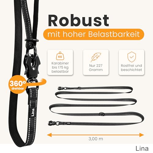 LINA HUNDELEINE – 3m – Verstellbare Doppelleine mit Neopren-Polsterung – rostfreier Frosch-Karabiner 175kg belastbar – Reflektoren – mittelgroße bis große Hunde – mit Aufbewahrungstasche – (Schwarz)