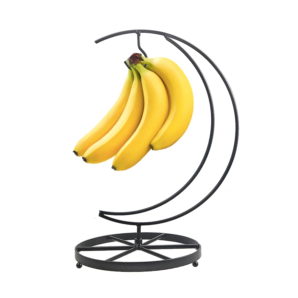 Banana Holder Hanger Stand Hook Keeper for Kitchen Countertop Produce Saver Banana Holder Kitchen Decro Fruit Tree Hanging Fresh Food Storage (Black, Moon Shape)