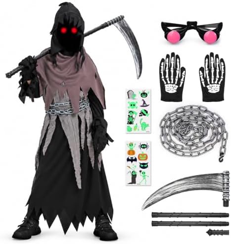 Lozzzyo Horror Sensenmann Kostüm Kinder, Halloween Kostüm Kinder Jungen Set, Gruselige Sensenmann Kostüm Mit Sense & Leuchtende Augen für Halloween Trick-or-Treating/Karneval Cospl