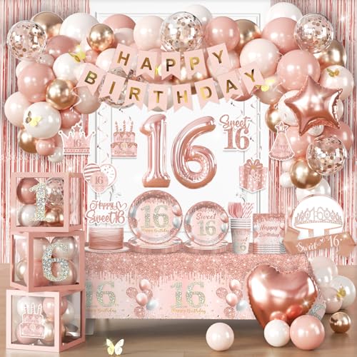 Cocomigo 241pcs Sweet 16 Party Decorations, Complete 16th Birthday Decorations for Girls Sweet 16 Sash Pink Rain Curtains Suitable for Photos at 16th