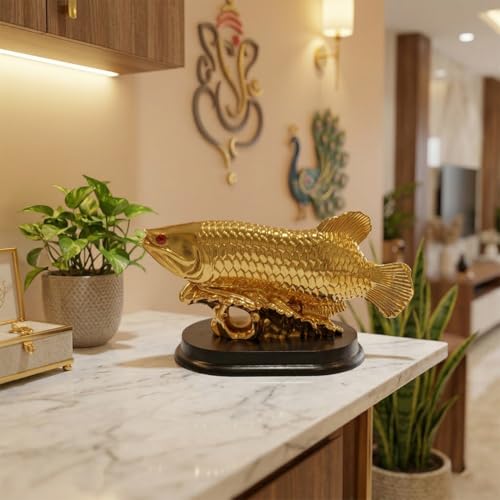 Image of Feng Shui Arowana Golden Fish Statue Lucky Wealth Fish Figurine for Prosperity, Success, Golden Feng Shui Fish Decor for Home Office, Good Luck Money Fish Showpiece, Vastu Decorative Gift (11.5 cm)
