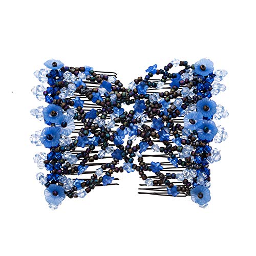 Lovef Flower Multifunction Easy Magic Hair Comb Stretchy Beaded Hair Comb in Small Beads Hairpin Plate Hair (Blue)