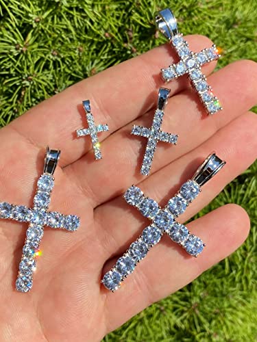 Moissanite Cross Pendant - 5 Sizes Tennis Cross Available For Men Or Ladies - Great Hip Hop Pendant For Any Necklace - Real Moissanite Jewelry Passes Diamond Tester Gra Certified - Solid 925 Sterling Silver (X-Large (2.25")) #TOP3